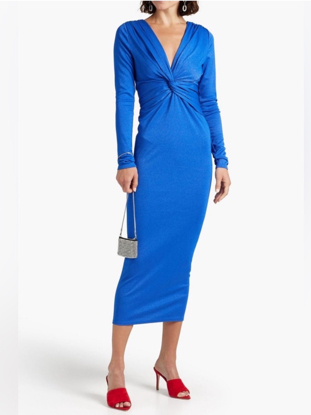Ronny Kobo Collection Lara Sparkle Blue Twist Long Sleeve Midi Dress Size Small